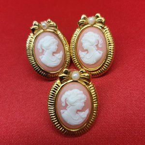 Vintage Gold Tone Pink Cameo Pierced Earrings and Pin Set of 3